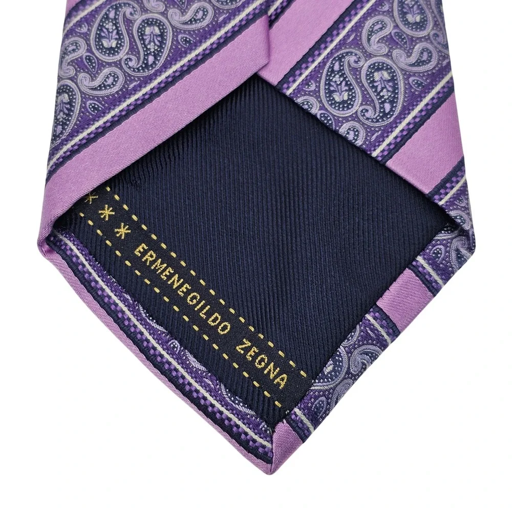 Ermenegildo Zegna Silk Tie Purple Paisley Striped Italian Luxury Designer Formal